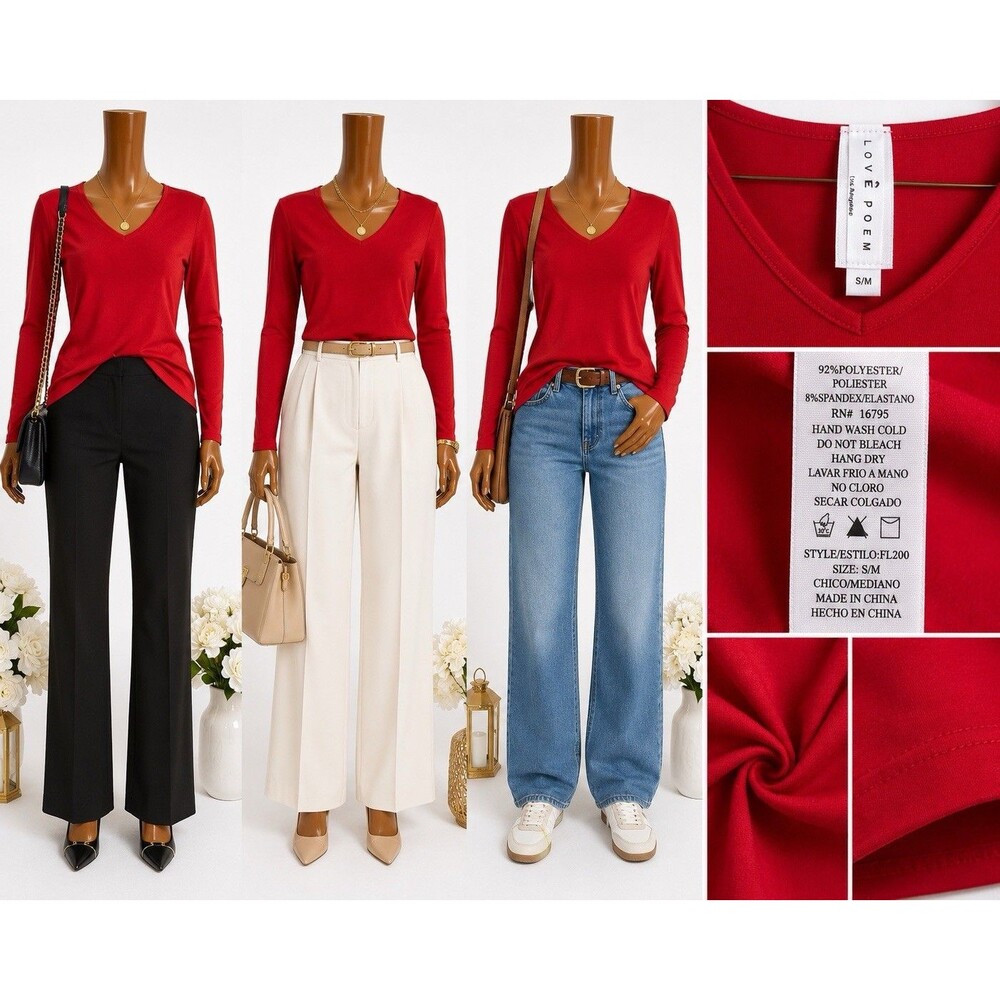 Love poem womens Sleeve S/M  red v neck long sleeve red stretch fitted top shirt